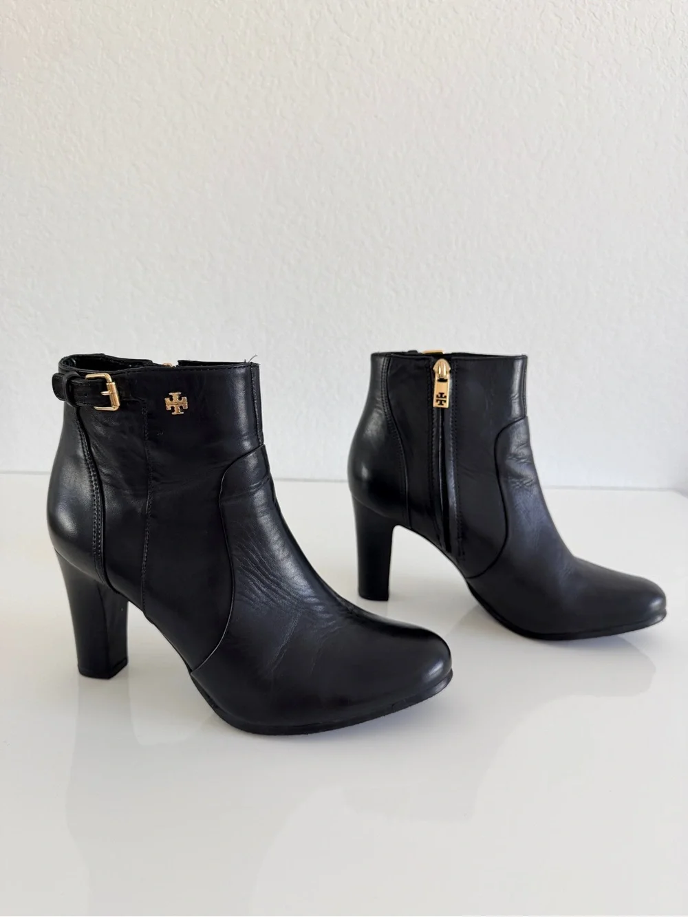 Tory Burch Black Leather Ankle Booties with Gold Hardware
